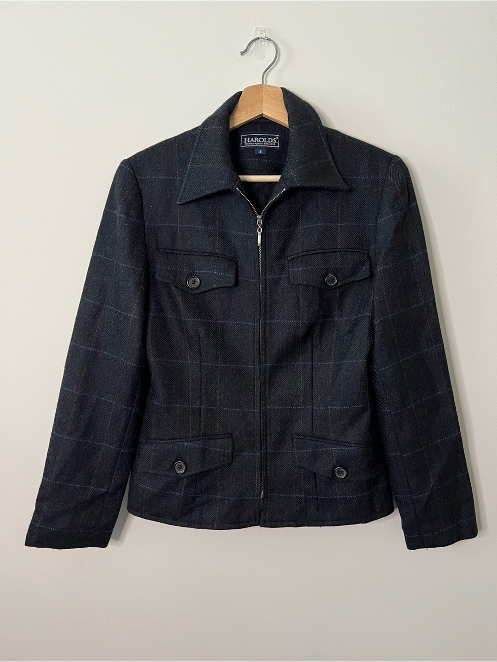Harold's Navy Windowpane Wool & Alpaca Zip Jacket